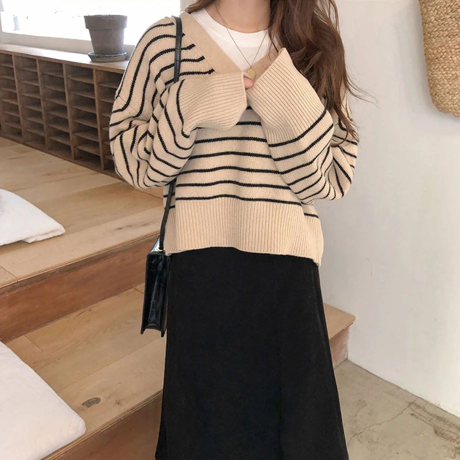 Женский свитер Осенний полосатый с v-образным вырезом 2019 |