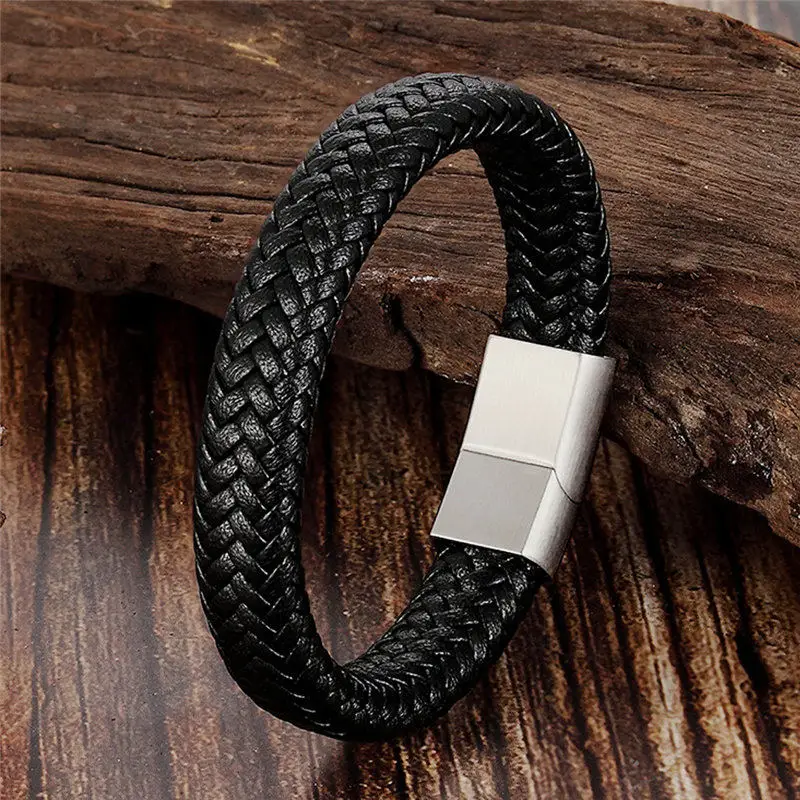 New Punk Style High Quality Leather Bracelet Black Woven Leather Gold Silver Stainless Steel Bracelets For Men And Women Jewelry