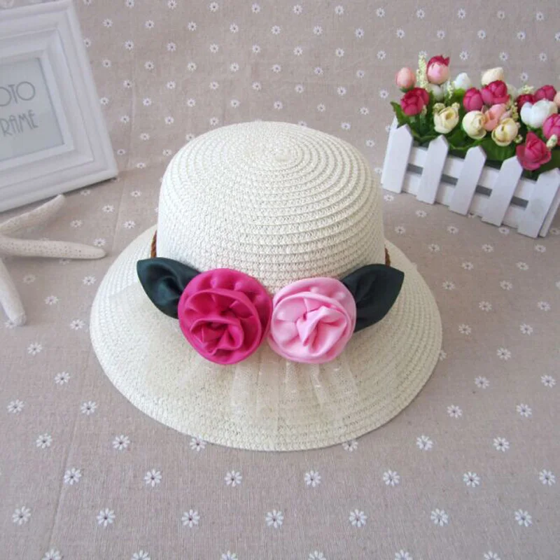 Шляпка от солнца с шелковыми розами для девочек двухцветная соломенная детская