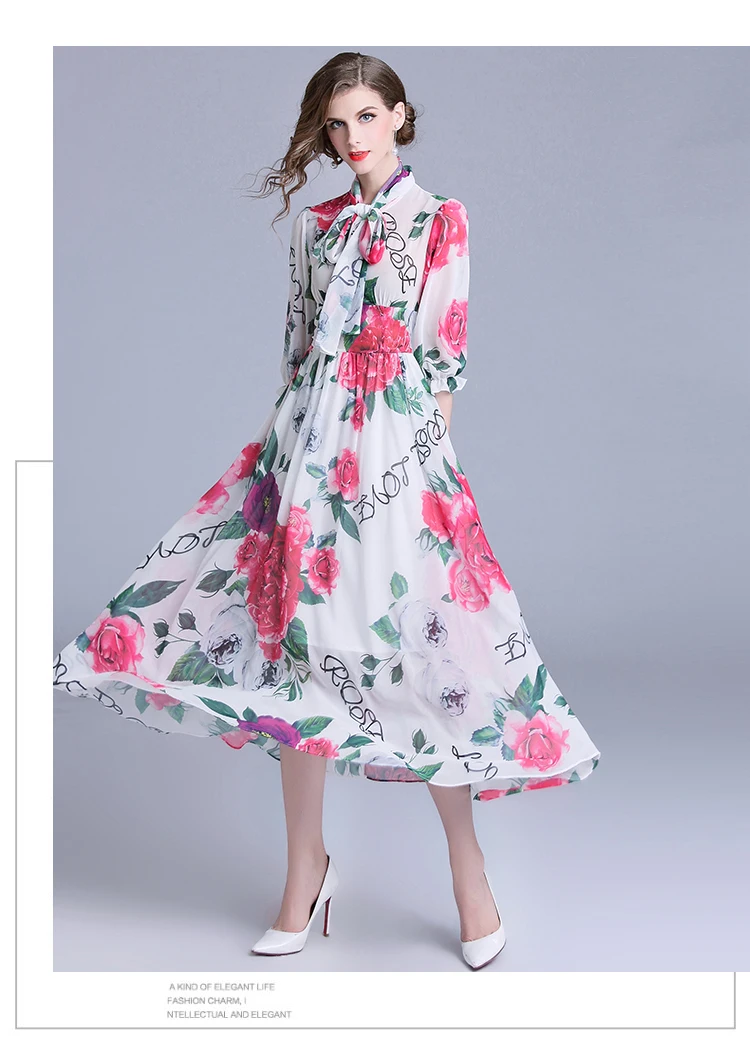 Maxi Dresses for Women High Quality Elegant Chiffon Party Dress 2018 Big Swing Slim A Line Vintage Floral | Женская одежда