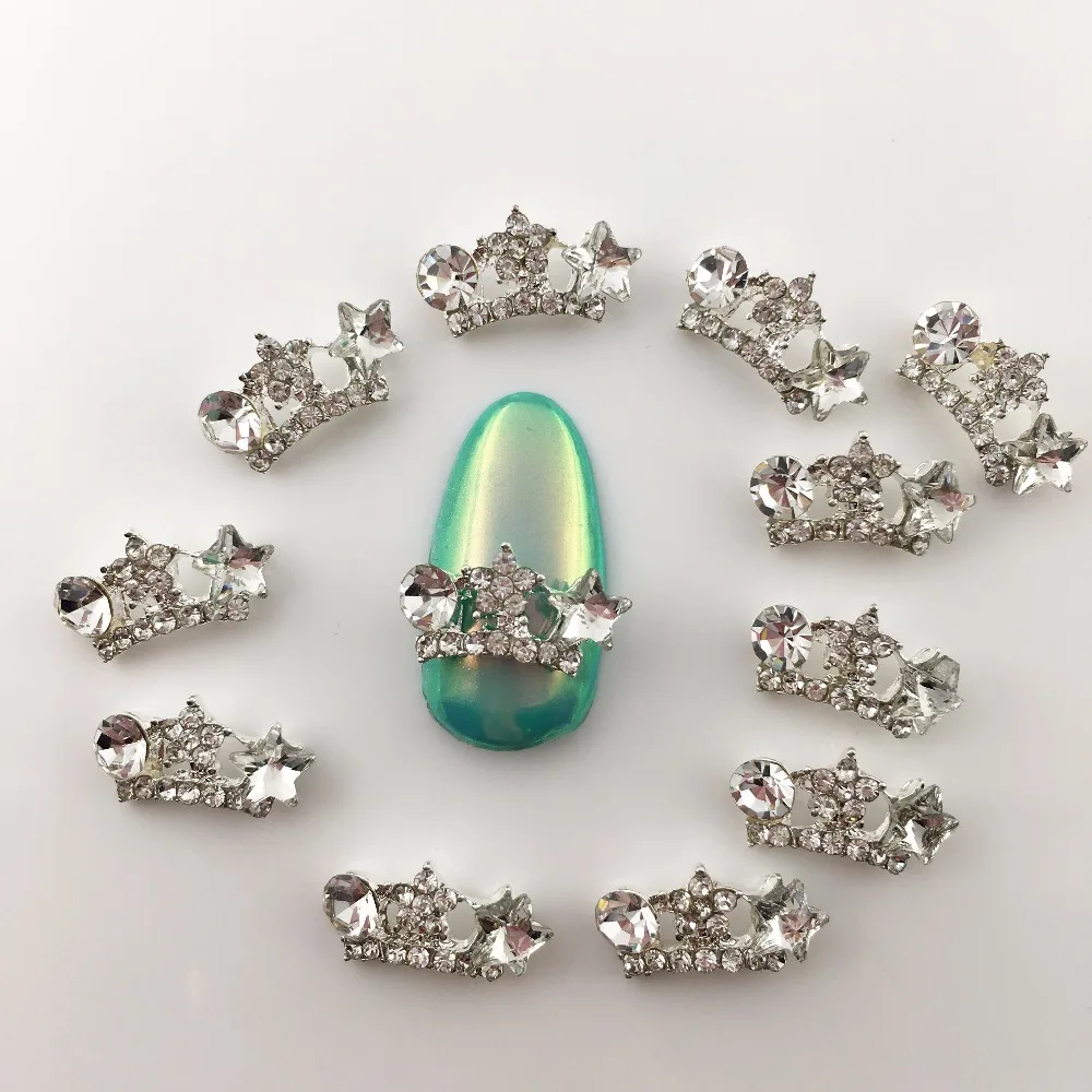 

LEAMX 10pcs/pack 3D Nail Jewelry Silver transparent Crystal star Crown shine Metal Decoration Nails Art For Manicure Design Nail