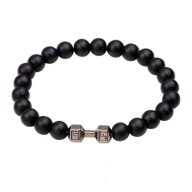 National Wind Black Matte Stone Beads Fit Life Dumbbell Bracelets Fitness Alloy Metal Barbell &amp Gym Bracelet | Украшения и