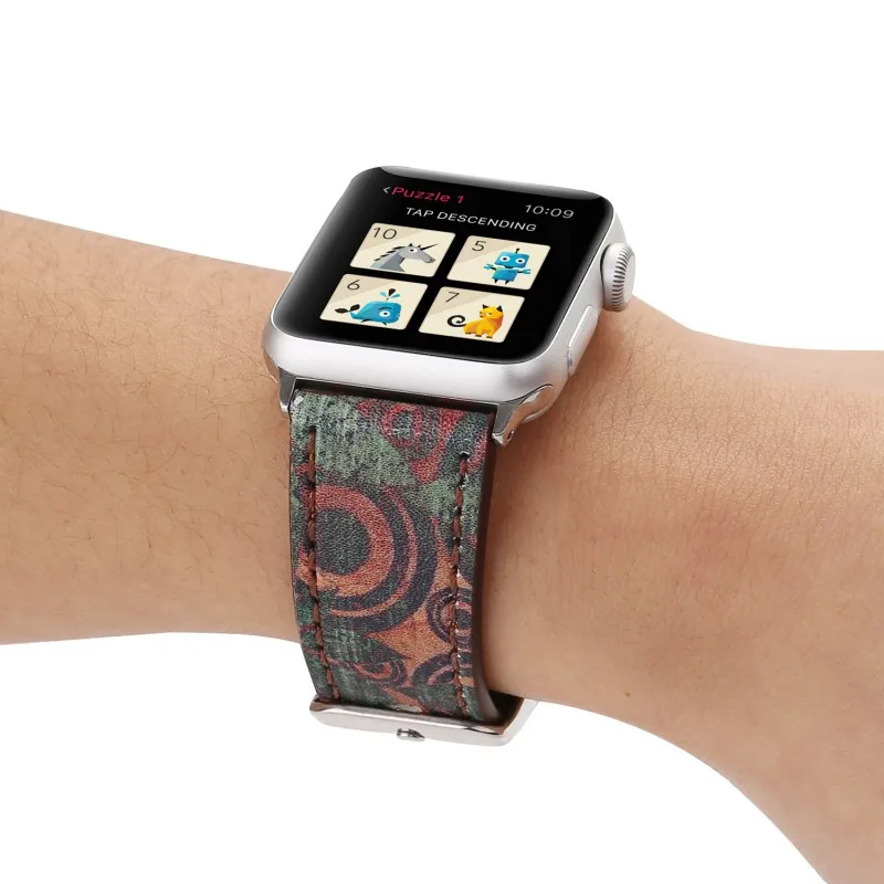 Цветочный принт кожаный ремешок для наручных часов Apple Watch, ремешок 42/44 мм 38/40 мм, Версия 1, 2 3 4 Ретро штамп музыкальная нота Напульсники для наручных часов iWatch
