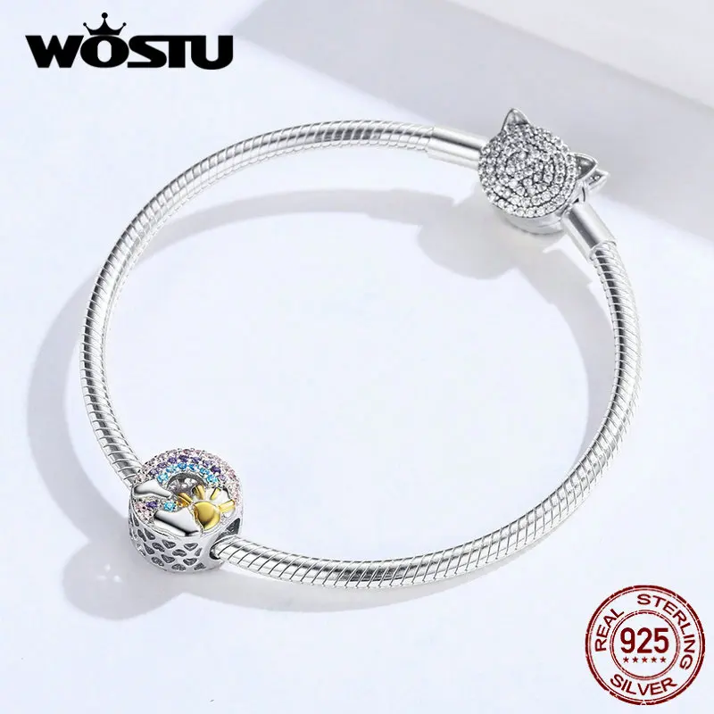 WOSTU, радужные и золотые солнцезащитные бусины, 925 пробы, Silve, шарм, подходит для женщин, браслет, подвеска, сделай сам, изготовление ювелирных изделий CQC1255