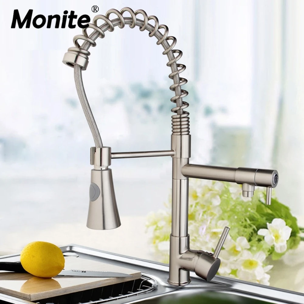 

Monite Brushed Nickel Solid Brass Kitchen Faucet Double Sprayer Vessel Sink Mixer Tap Deck Mounted Single Hole Faucet