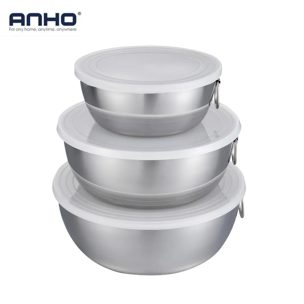 ANHO 3 шт. нержавеющая сталь 0.75L/1.5L/2L миски для смешивания с крышкой и ручками