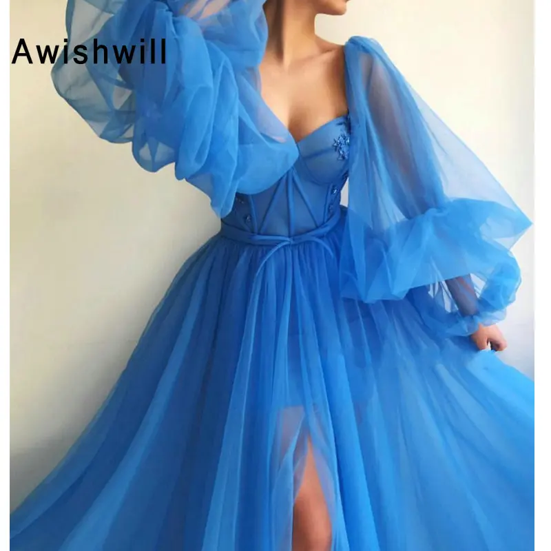 Романтичные синие вечерние платья 2020 ТРАПЕЦИЕВИДНОЕ Тюлевое Пышное Платье с