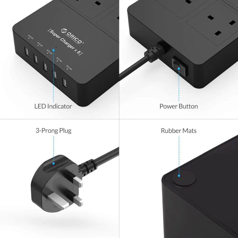Оригинальная Черная лента питания ORICO 4 гнезда 5 USB 2 А поддержка быстрой зарядки