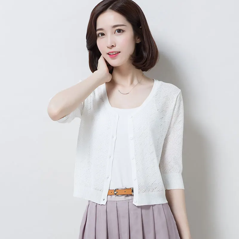 Женский льняной кардиган элегантный ажурный тонкий вязаный с v образным вырезом