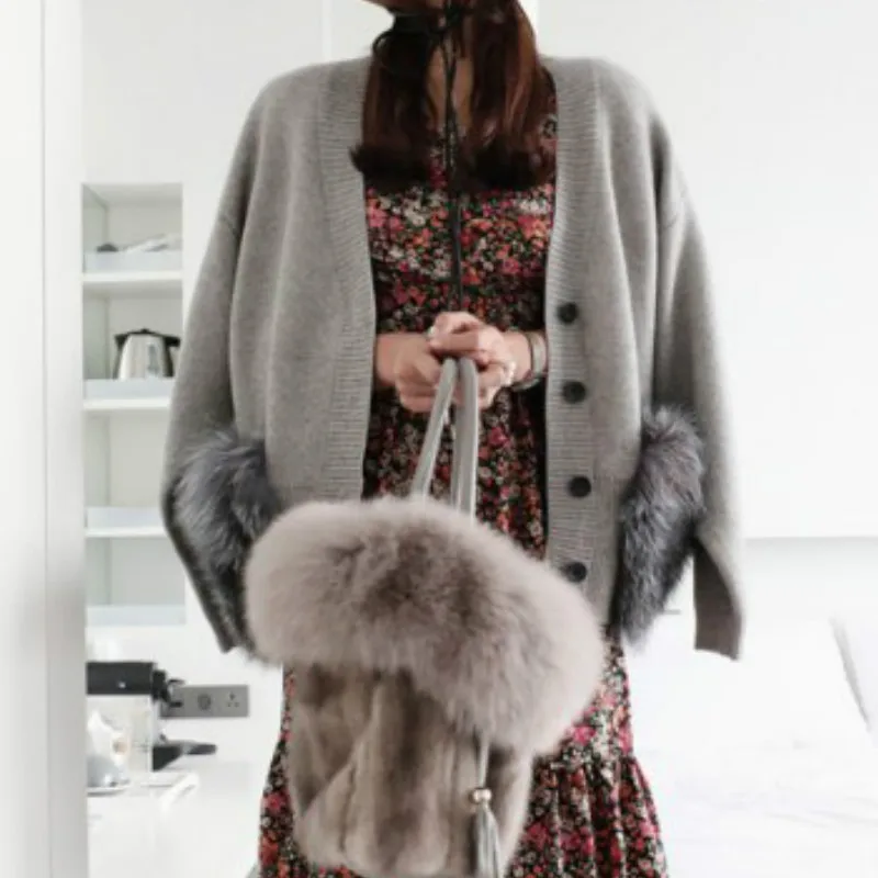 Elegant Autumn Winter Women's Faux Fur Double Pockets V-neck Knitted Cardigan Single-breasted Sweater Coat Long Sleeve OL Tops |