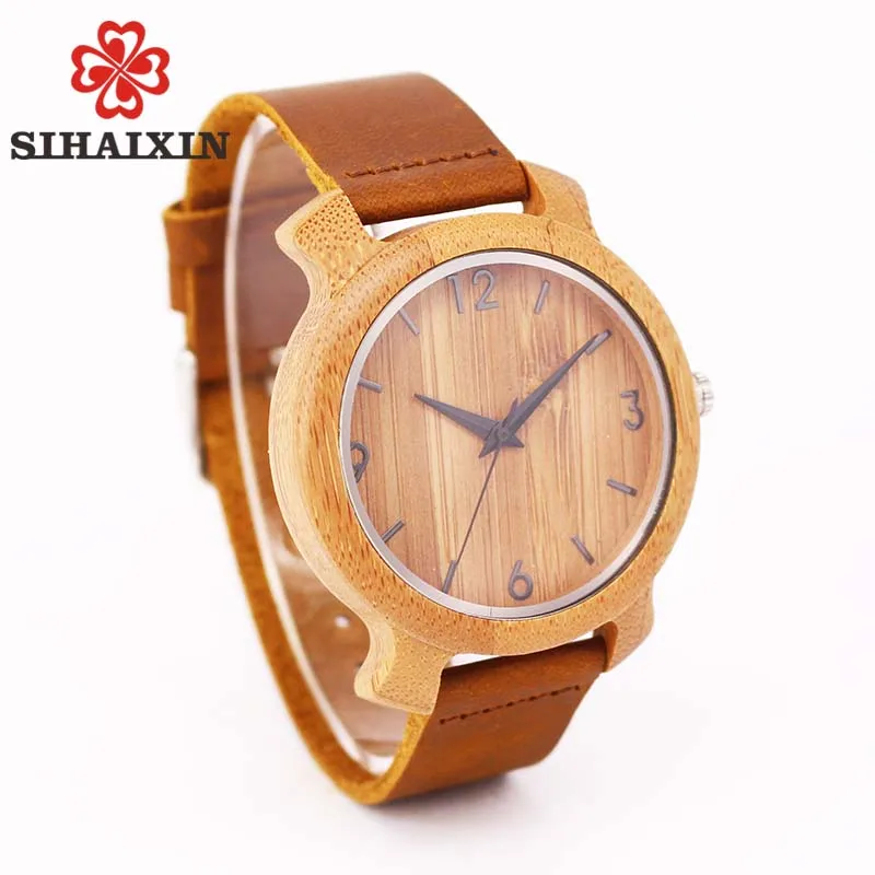 SIHAIXINwholesale ретро мужчин деревянные часы де бамбука кожаный ремешок Кварцевые