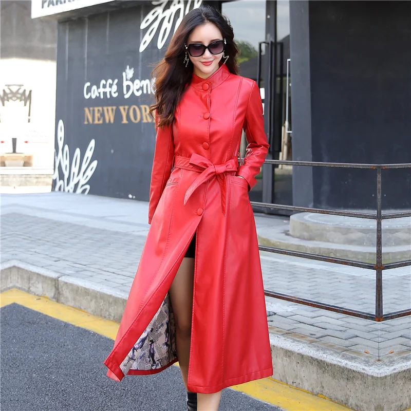 The new stand-up collar high quality PU leather women's fashion Slim big yards longer section solid color PU leather jacket coat