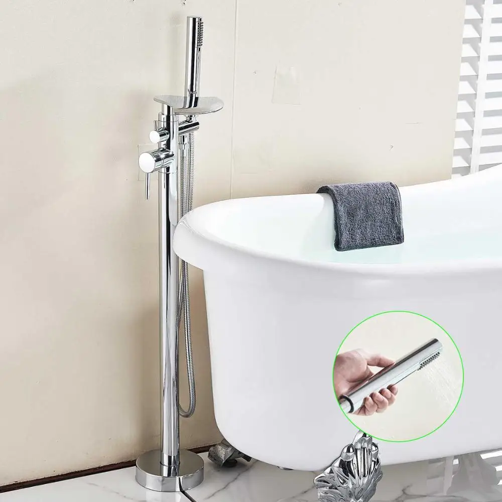 RoundHand Shower Хромированный смеситель для ванной комнаты, напольный кран с двумя ручками, латунный поворотный водопад, носик 150 см, душевой шланг, смеситель для горячей и холодной воды - Color: RoundHand Shower