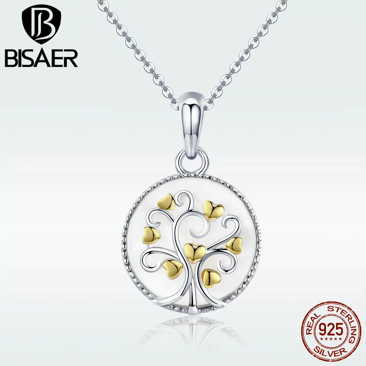 BISAER, ожерелье в виде ракушки, 925 пробы, серебро, био цвет, золото, сердце, древо жизни, белая оболочка, ожерелье с подвеской для женщин, HSN296
