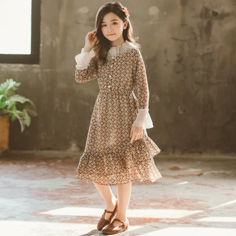6 to 16 years kids &amp teenager girls long sleeve geometric print tulle trumpet dress children girl fashion chiffon clothes | Детская