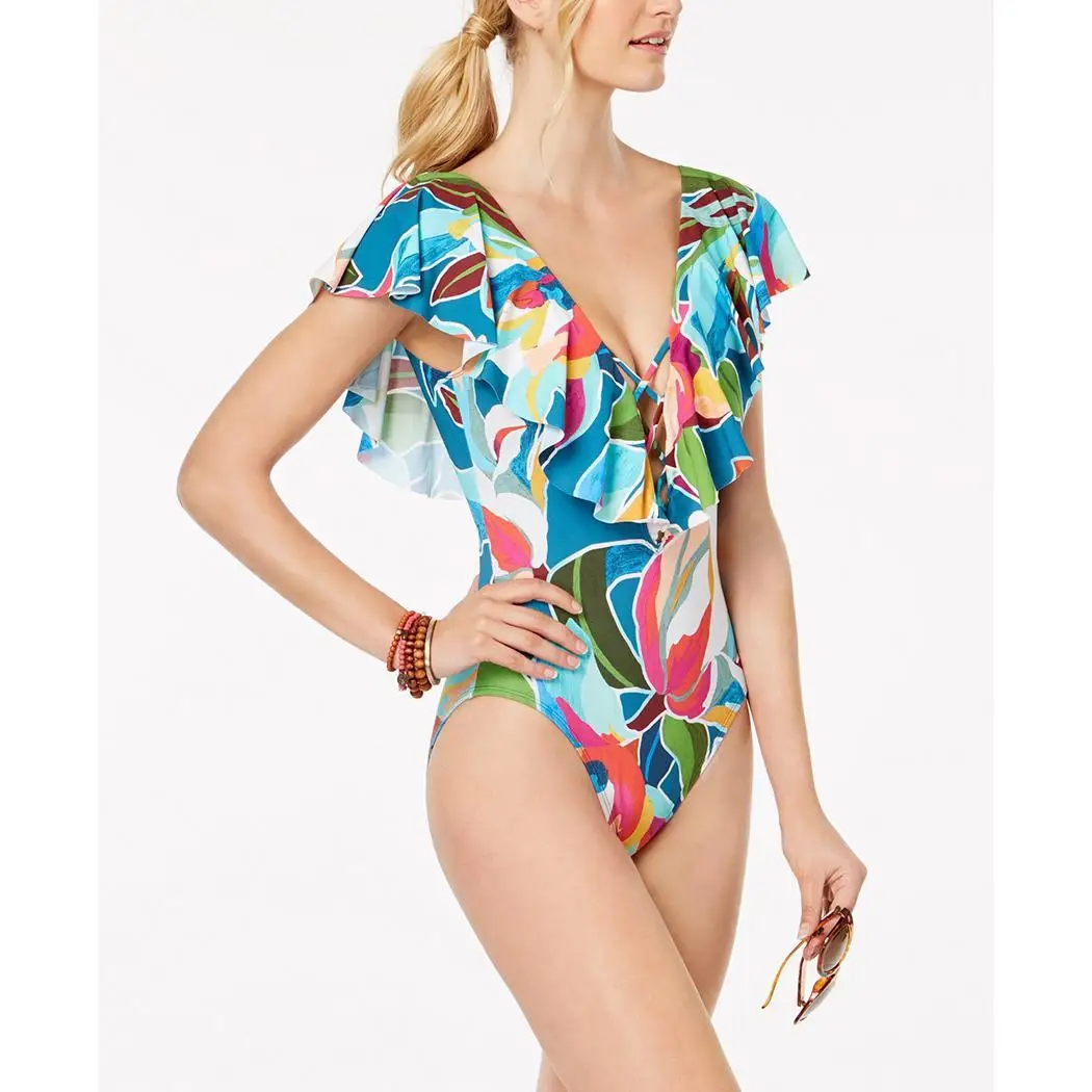 Женский цельный купальник сексуальный с воланом Одноцветный v образным вырезом