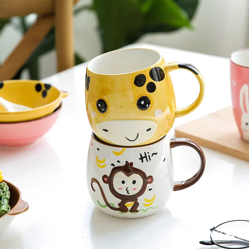 Cute Ceramica Plates Glazed Creative Hand Painted Bowl Spoon Set Breakfast Steak Children's Fruit Plate Animal Dish Cutlery