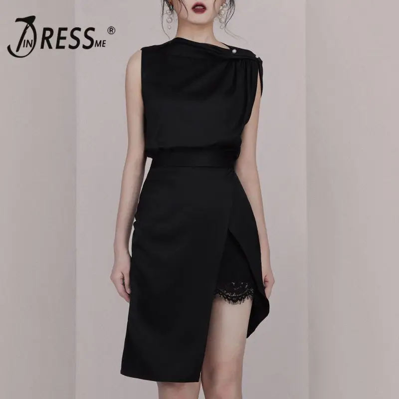 

INDRESSME 2019 New Sexy Asymmetrical Neckline Ruched Slit Sleeveless Wrapped Mini Dress