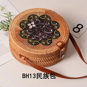 BH13 Женские сумки из ротанга с цветочным принтом, Пляжная винтажная сумка через плечо, женская Соломенная круглая Сумка-слинг B126 - Цвет: BH13