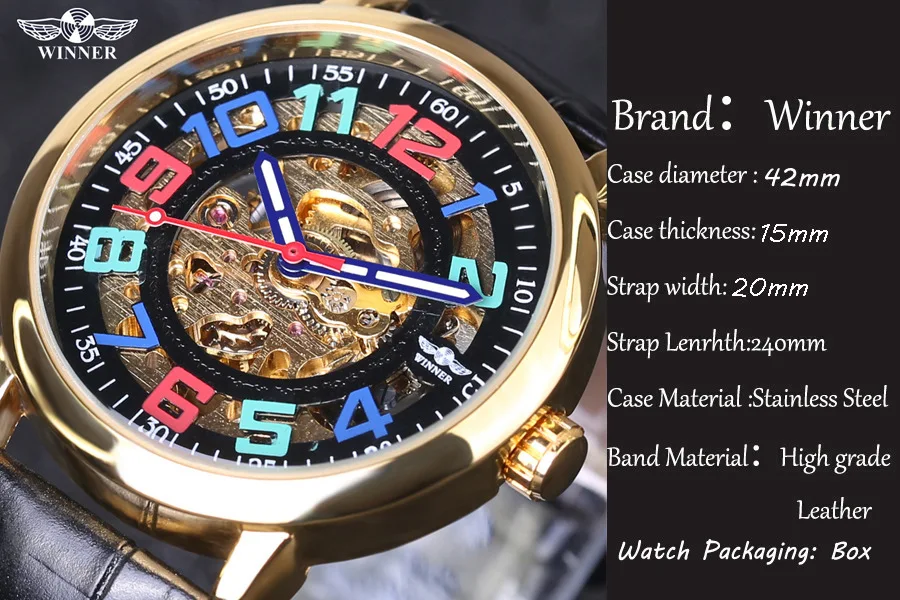 Часы скелетоны Winner Мужские автоматические прозрачные водонепроницаемые