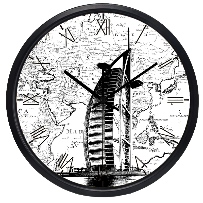 Большие декоративные настенные часы с изображением карты мира по времени Дубая