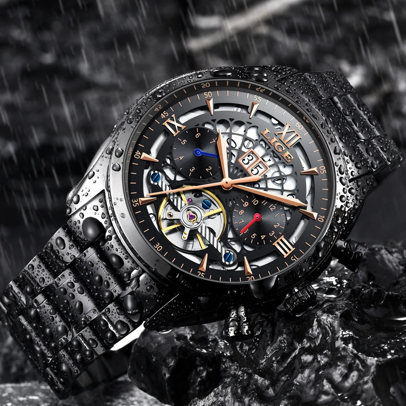 LIGE новые мужские часы Топ бренд класса люкс Tourbillon механические модные бизнес