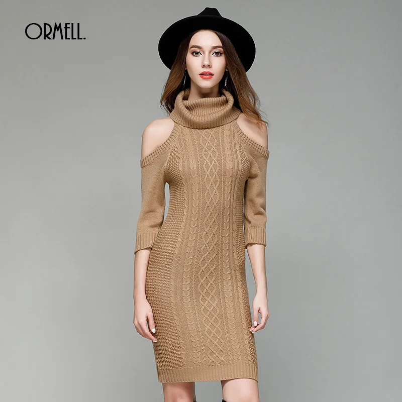 Женское трикотажное платье ORMELL осенне зимнее с высоким воротом и коротким