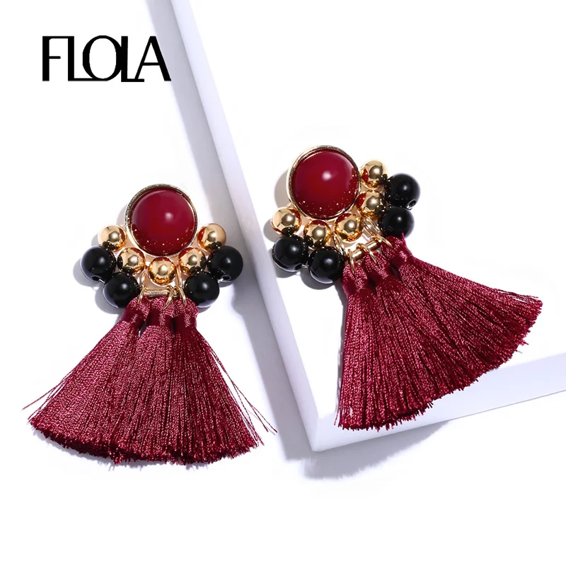 Женские винтажные серьги подвески FLOLA Boho красные с бахромой и золотыми бусинами