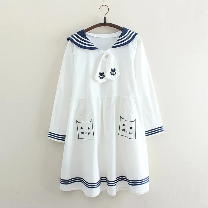 Japanese Girls Lovely Cat Embroidery Design Dresses Casual Youth Women Sailor Collar With Tie Cotton Dress Drop Shipping | Женская