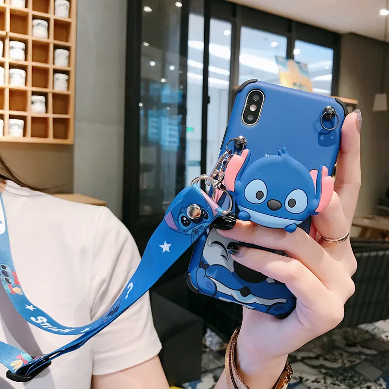 Для iphone XS max XR X милый Ститч чехол, мягкая задняя крышка для телефона с Минни Маус для iphone 8plus 7plus 6 7 8+ подставка+ длинный ремешок