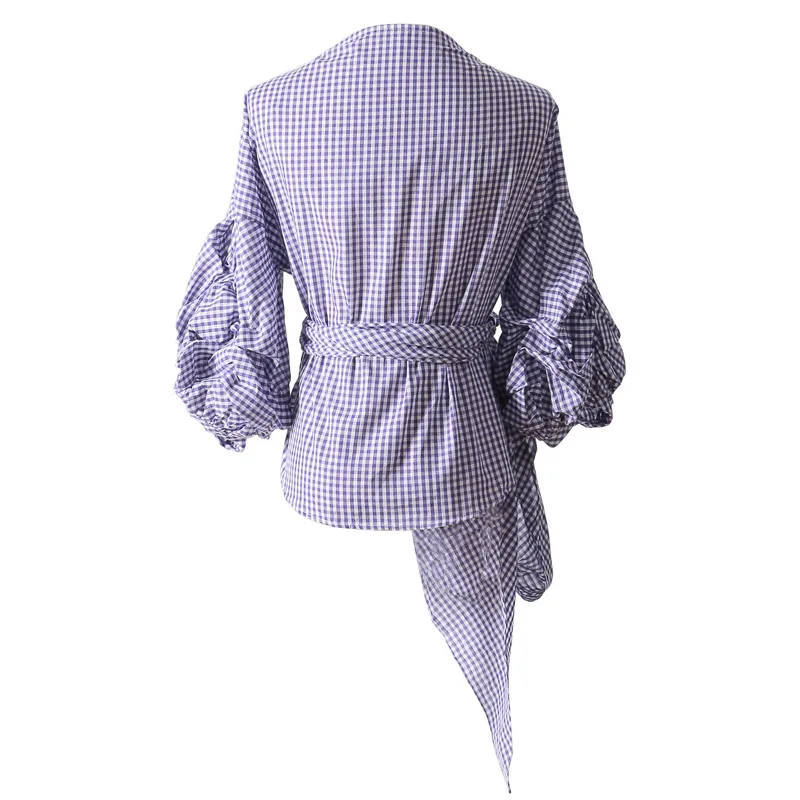 Women summer irregular blouse solid plaid slim v-neck half lantern sleeve fashion streetwear elegant C824 |