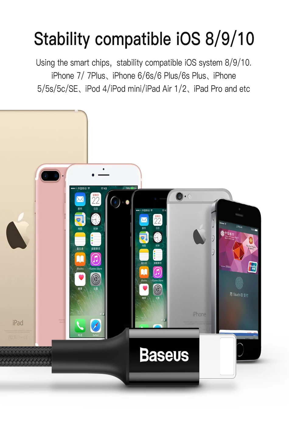 Baseus USB кабель для iPhone 5S 6 6S Plus 7 plus 8 plus X светодиодный светильник 2A кабель для быстрой зарядки для iPhone светильник
