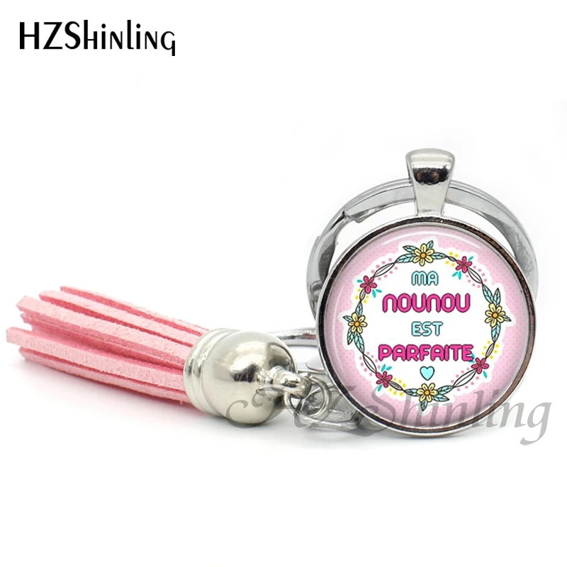 TAK--114 Wholesale Un lisou Pour Ma Nounou Tassel Keyring Handmade Super NOUNOU key ring Glass Dome Key chains for women | Украшения и