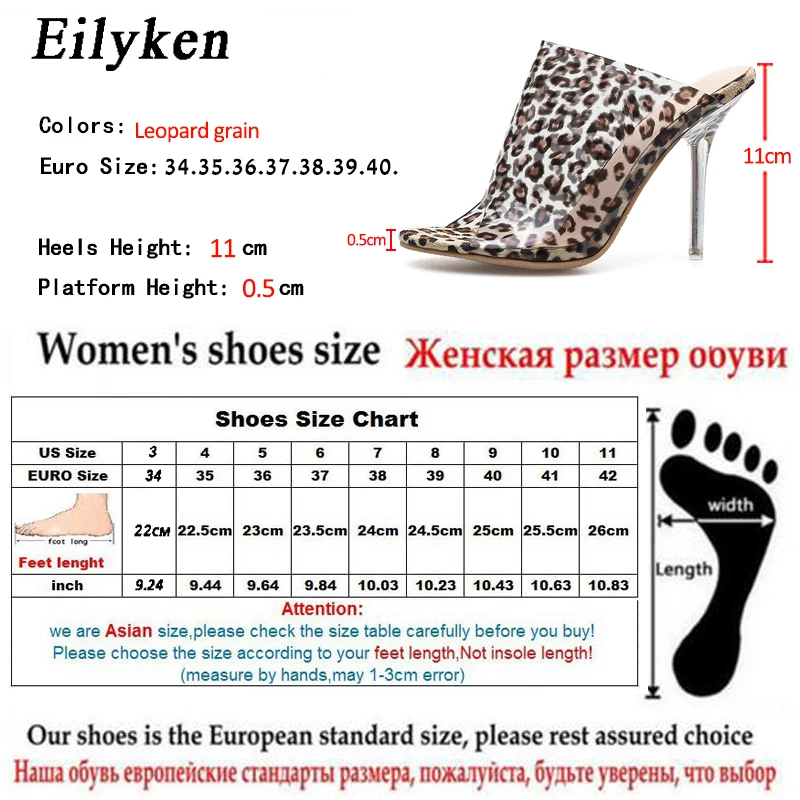 Eilyken новые ПВХ с леопардовым принтом Для женщин шлёпанцы для женщин из плексигласа, прозрачный высокий каблук 11 см прозрачными стразами; модные босоножки размеры 35–42