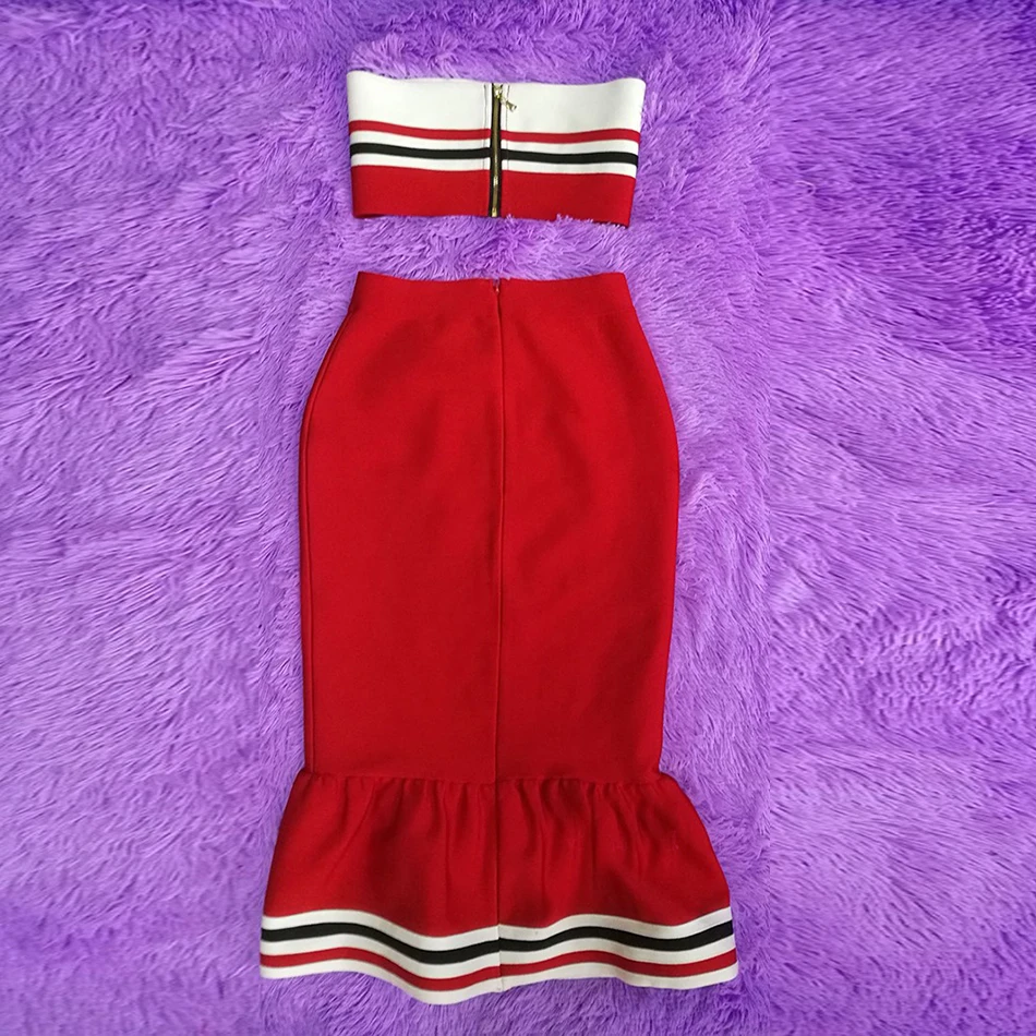 New fashion red two-piece ladies bandage dress sexy strapless fishtail stretch in the long calf club party 2020 | Женская одежда