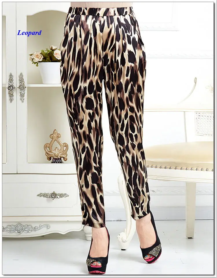 New arrival pure silk stretched satin lady casual pants,natural silk elastic waist leopard print side-pockets trousers women