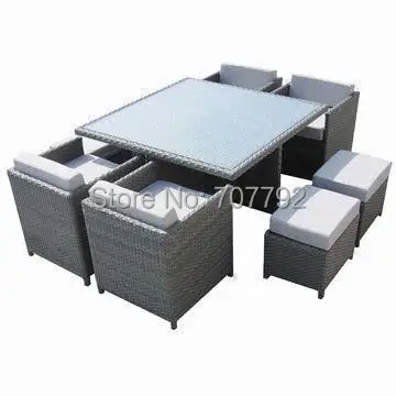 Уличный обеденный набор из ротанга 9 шт. с закаленным стеклом столешница | Мебель