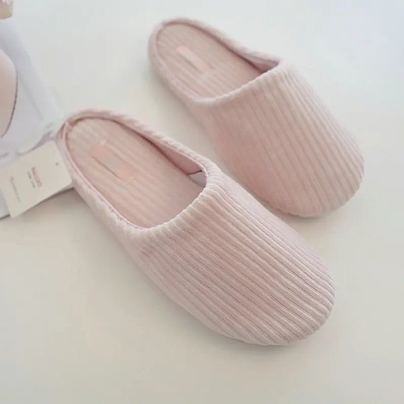 Simple vertical stripe comfortable winter indoor floor bedroom women slippers female rubber bottom household adult girl shoes | Обувь
