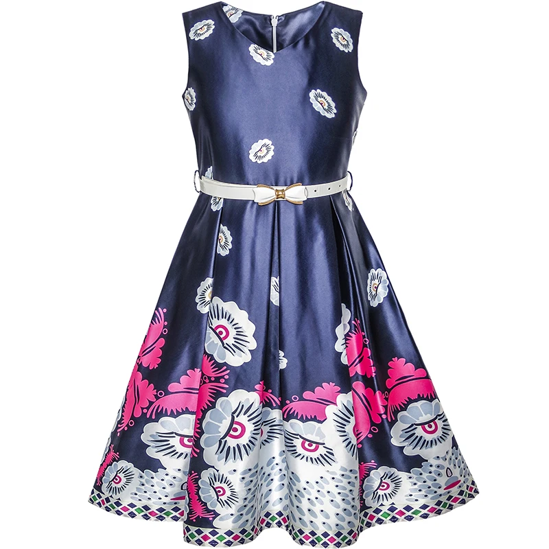 Girls Dress Navy Blue Flower Belt Vintage Party Sundress 2020 Summer Princess Wedding Dresses Clothes Size 6-14 Carnival | Детская