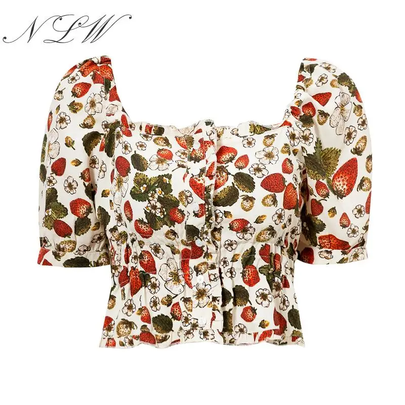NLW Fruit Print Vintage Women Blouses Off Shoulder Button Peplum Crop Tops Chic Summer Beach white Blouse Shirts 2019 Blusa |