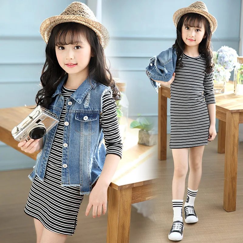 Новинка 2017 одежда для девочек рубашка в полоску с длинным рукавом + джинсовый