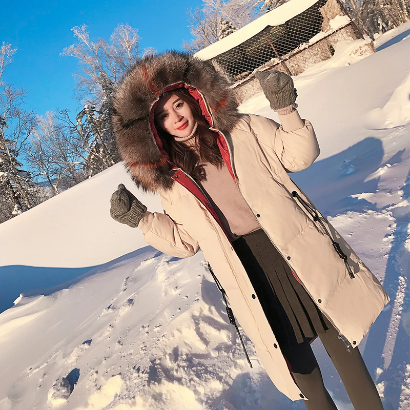 

2020 woman winter duck down coat female ladies long puffer jacket with a large genuine real fur hat hooded ivory black big size