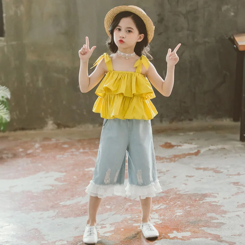 2019 новый комплект одежды для девочек однотонный жилет + джинсы из 2 предметов