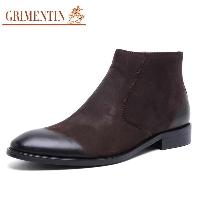 GRIMENTIN/брендовые зимние модные мужские ботильоны из натуральной кожи цвет черный