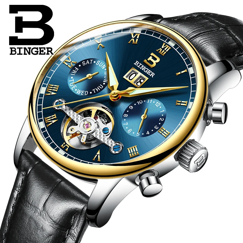 

Switzerland BINGER men's watch luxury brand Tourbillon fulll stainless steel water resistant Mechanical Wristwatches B-8604-12