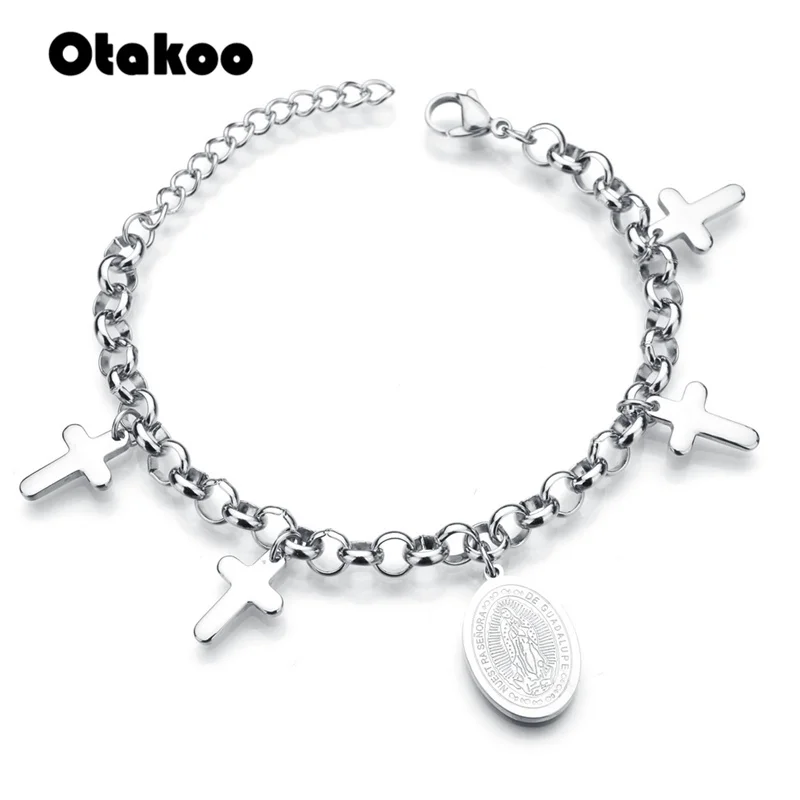 Otakoo Новое поступление Серебряный тон Крест Шарм Религиозный браслет Девы Марии