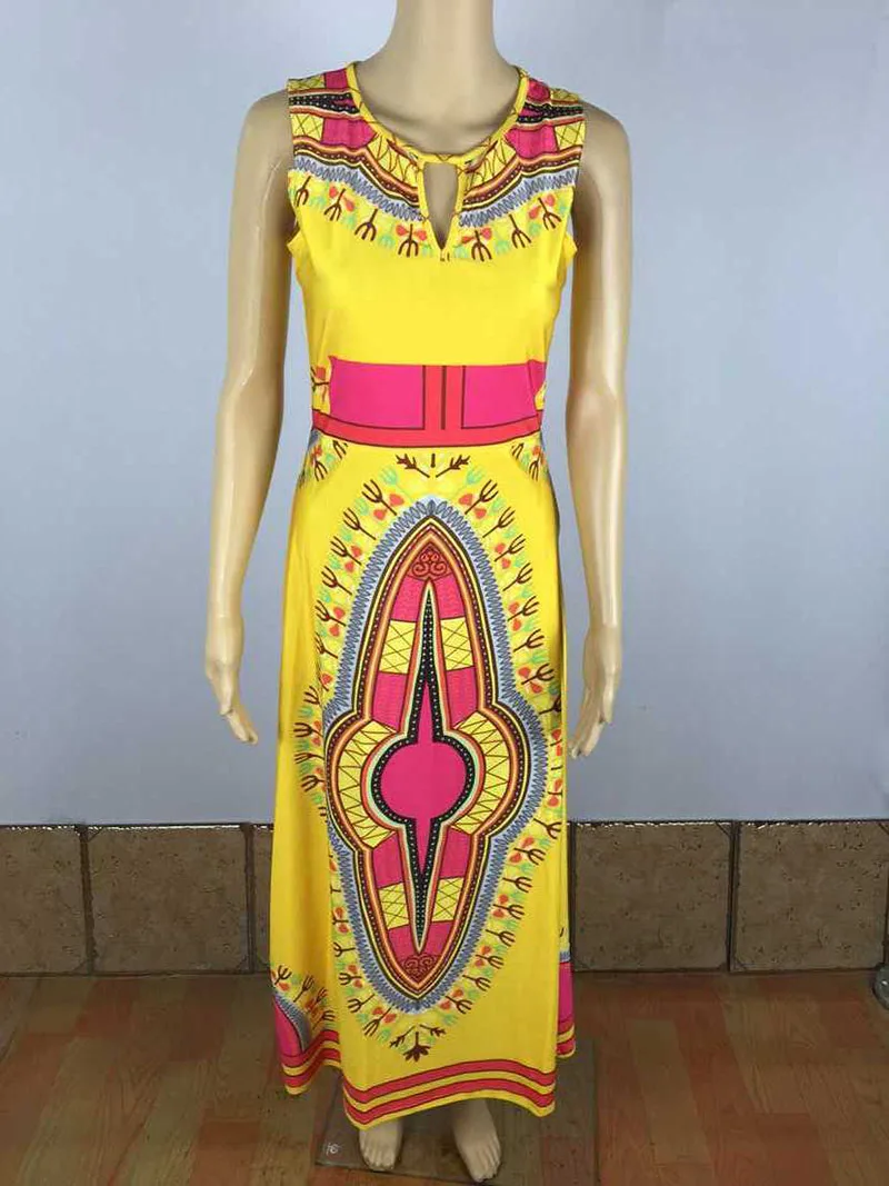 Женское платье макси в африканском стиле с вощеным принтом и разрезом на шее