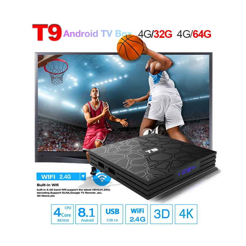 Новейший T9 ТВ бокс Android 8 1 RK3328 4 ГБ 32 ГБ/64 Гб четырехъядерный USB 3 0 Smart BT4.0 4K