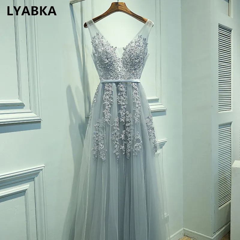 gray Вечернее платье с v-образным вырезом Robe De Soiree бордовый Тюль с вечерние платья с аппликацией длинное платье настоящая фотография vestido de festa - Цвет: gray