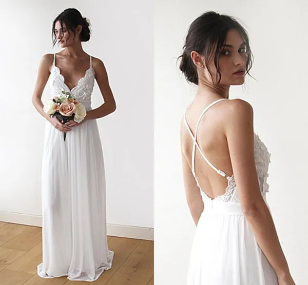 Новые Boho Простые Свадебные платья кружево шифон Длина Свадебные платья с низким вырезом на спине, пляжные богемные пикантное свадебное платье X-вид сзади